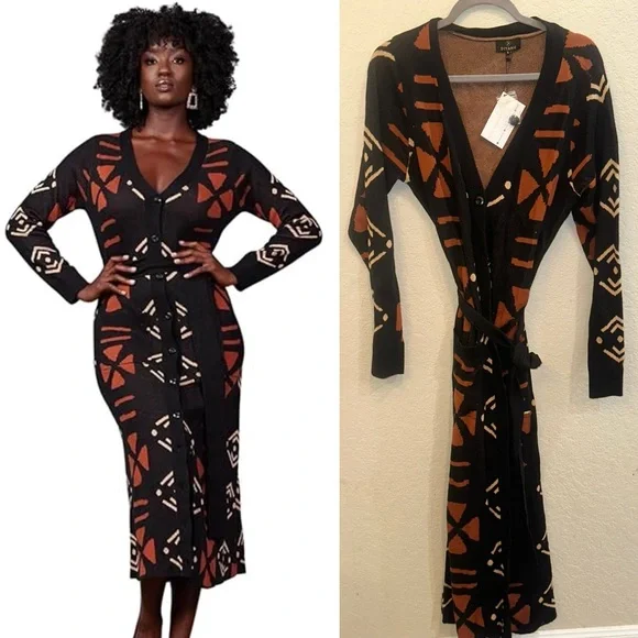 NEW D’iyanu Large African Culture Print Cardigan Sweater Button Up Wrap Dress - Picture 1 of 9